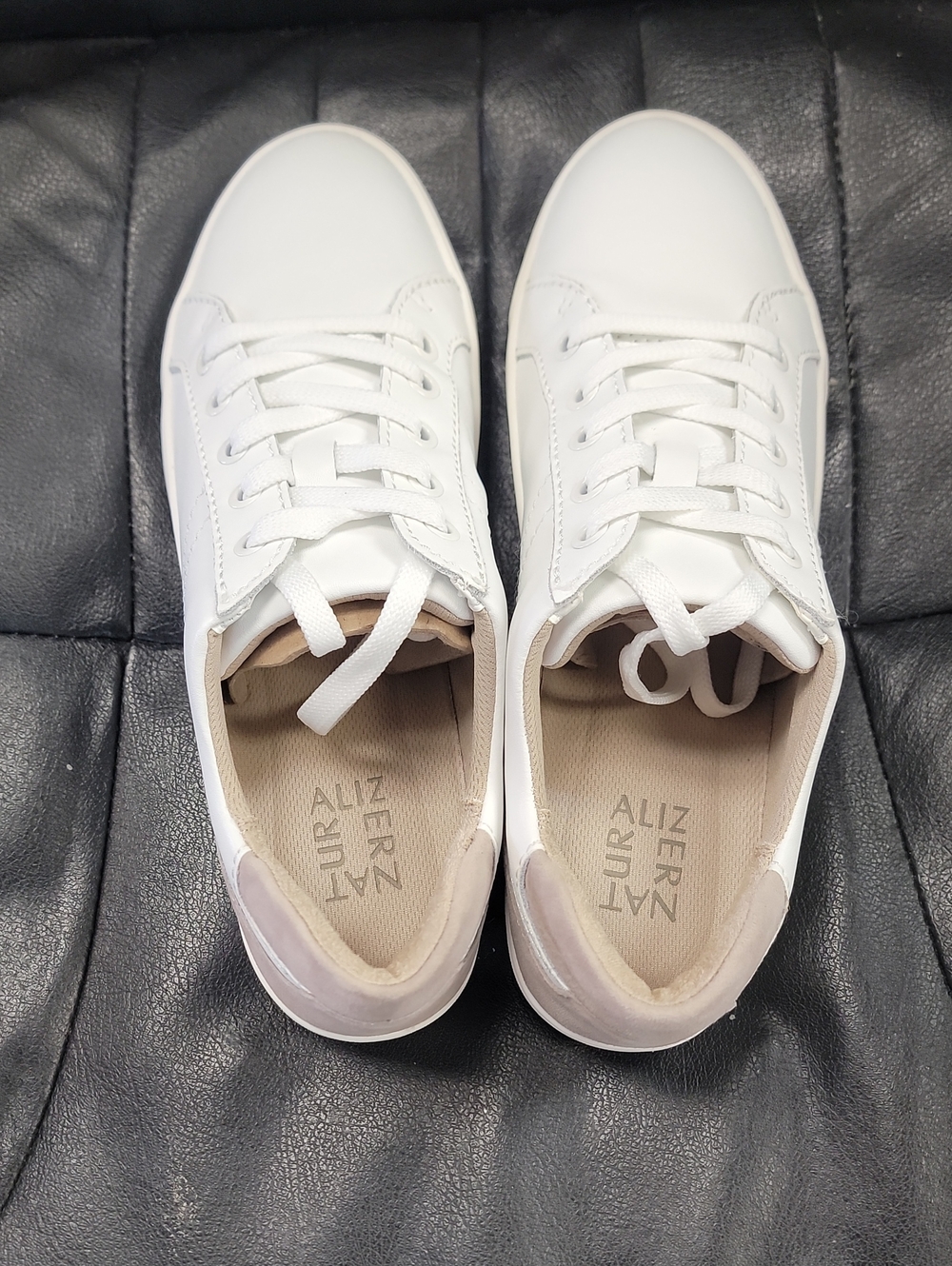 Naturalizer White Leather Sneakers with Light Beige Heel